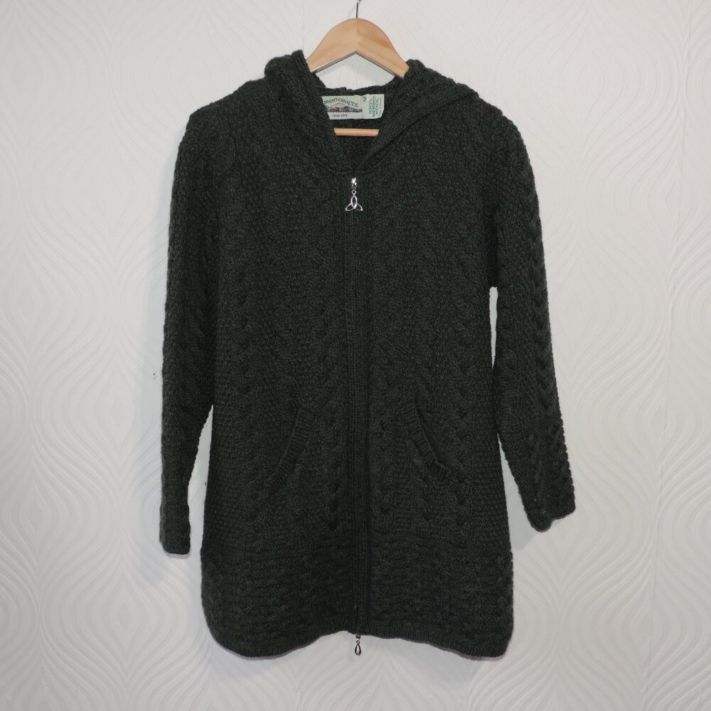 Aran Crafts Gorgeous Green Cable Knit Full 2-way Zip Hoodie Wool Sweater sz M